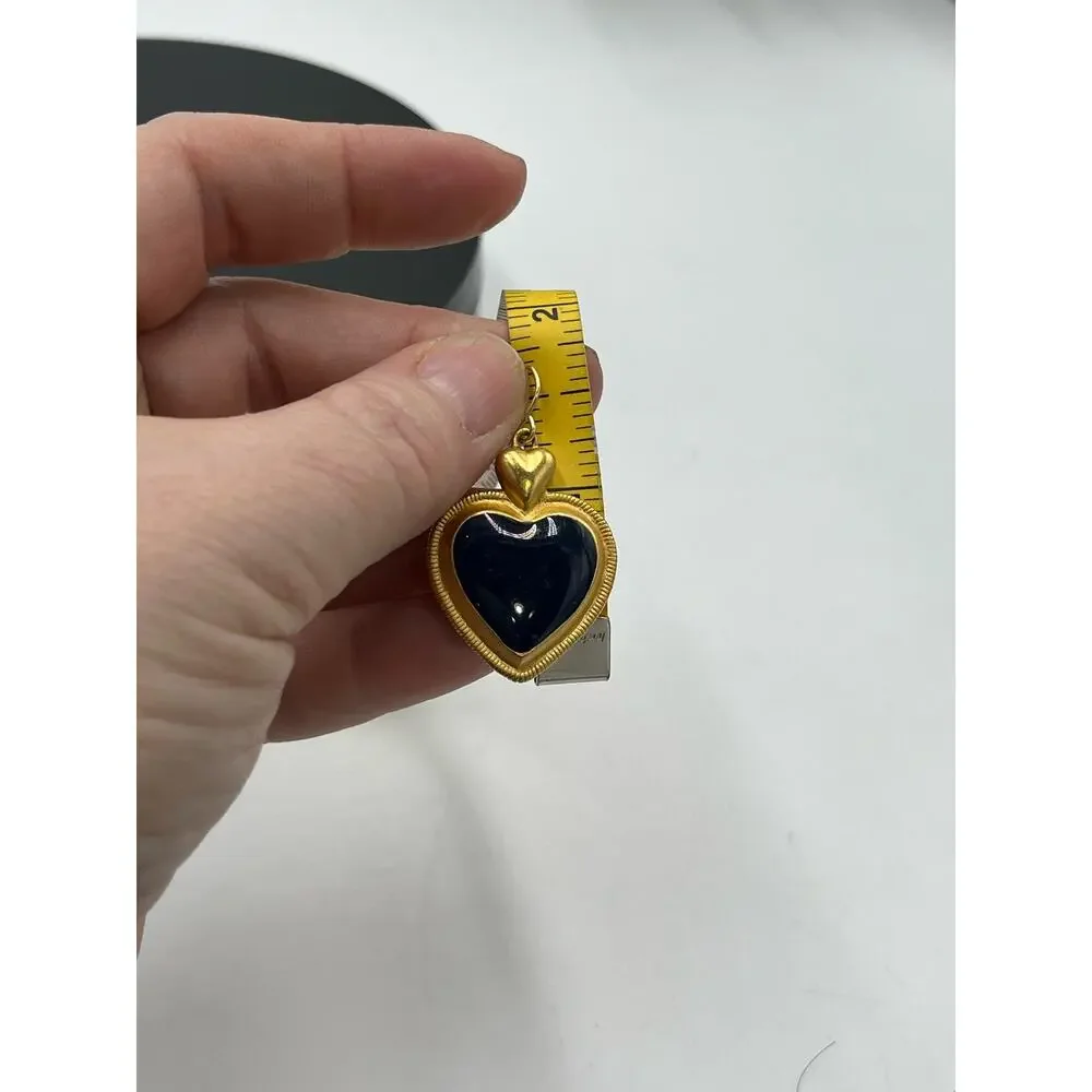 Vintage Gold Tone‎ and Black Enamel Heart Dangle Drop Earrings
